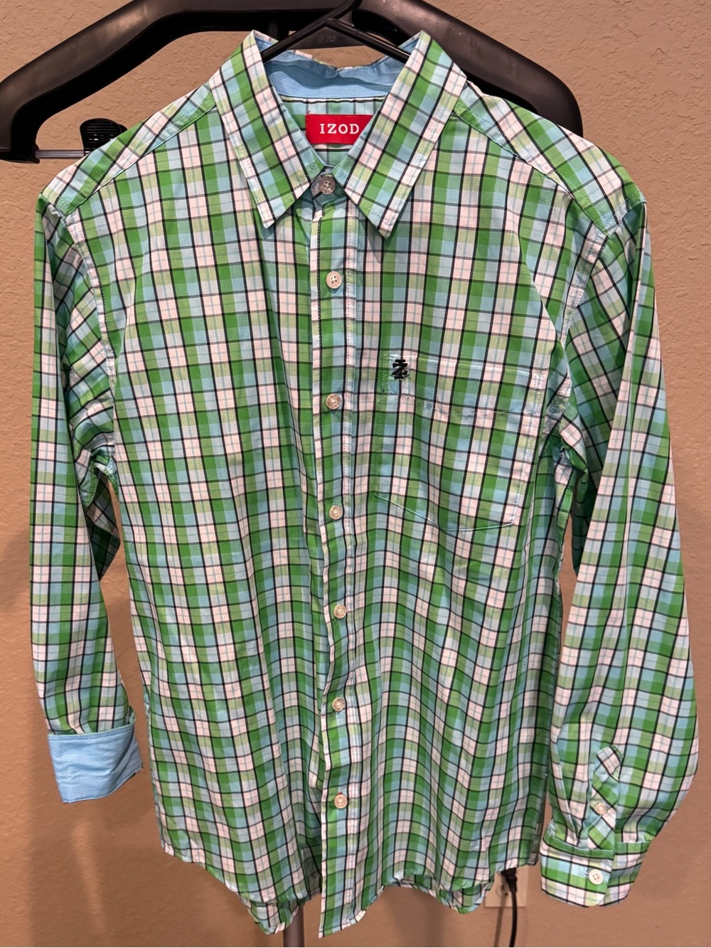 Izod Green and White Plaid Long-Sleeve Button-Down Shirt